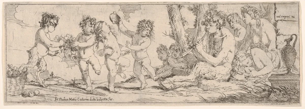 Bacchanal with satyr playing a lute and surrounded by four figures, who look toward a succession of three putti and a satyr dancing with cups and vines by Giulio Carpioni, print, 1640-1660