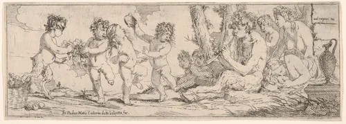 Bacchanal with satyr playing a lute and surrounded by four figures, who look toward a succession of three putti and a satyr dancing with cups and vines by Giulio Carpioni, print, 1640-1660