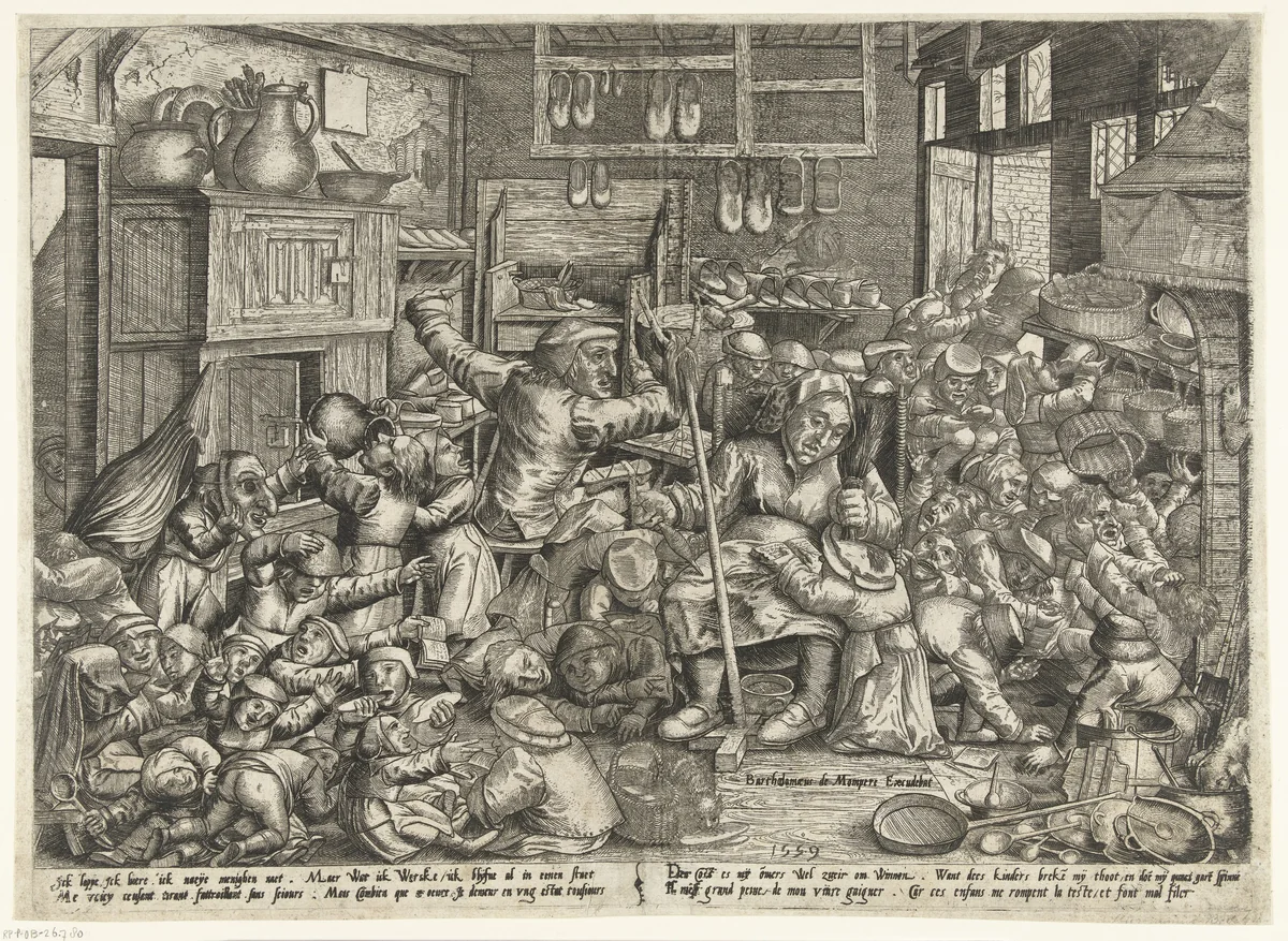 De schoenmaker en de spinster als schoolmeesters by Pieter van der Borcht, print, 1559