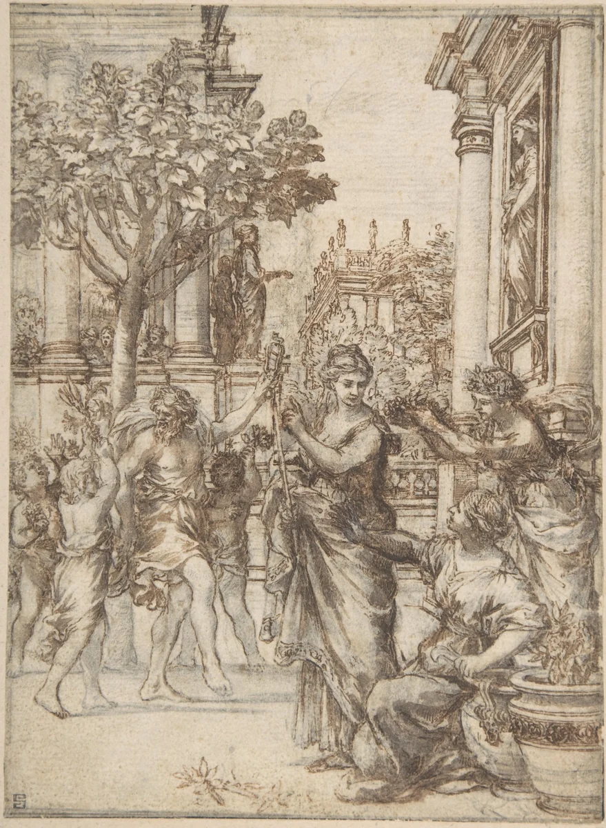 The Triumph of Nature Over Art (design for an engraving of 'De Florum Cultura') by Pietro da Cortona, drawing, 1628-1638