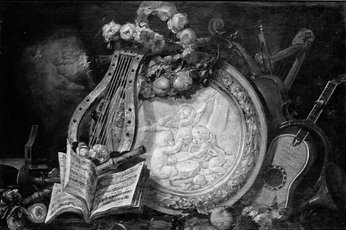Putti Musicians in a Medallion, Surrounded by Musical Attributes, Flowers, and Fruit by French Painter, painting, 1700-1799