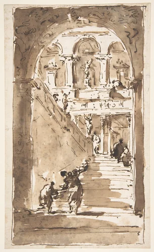 Architectural Fantasy: Figures on a Grand Staircase by Francesco Guardi, drawing, 1712-1793