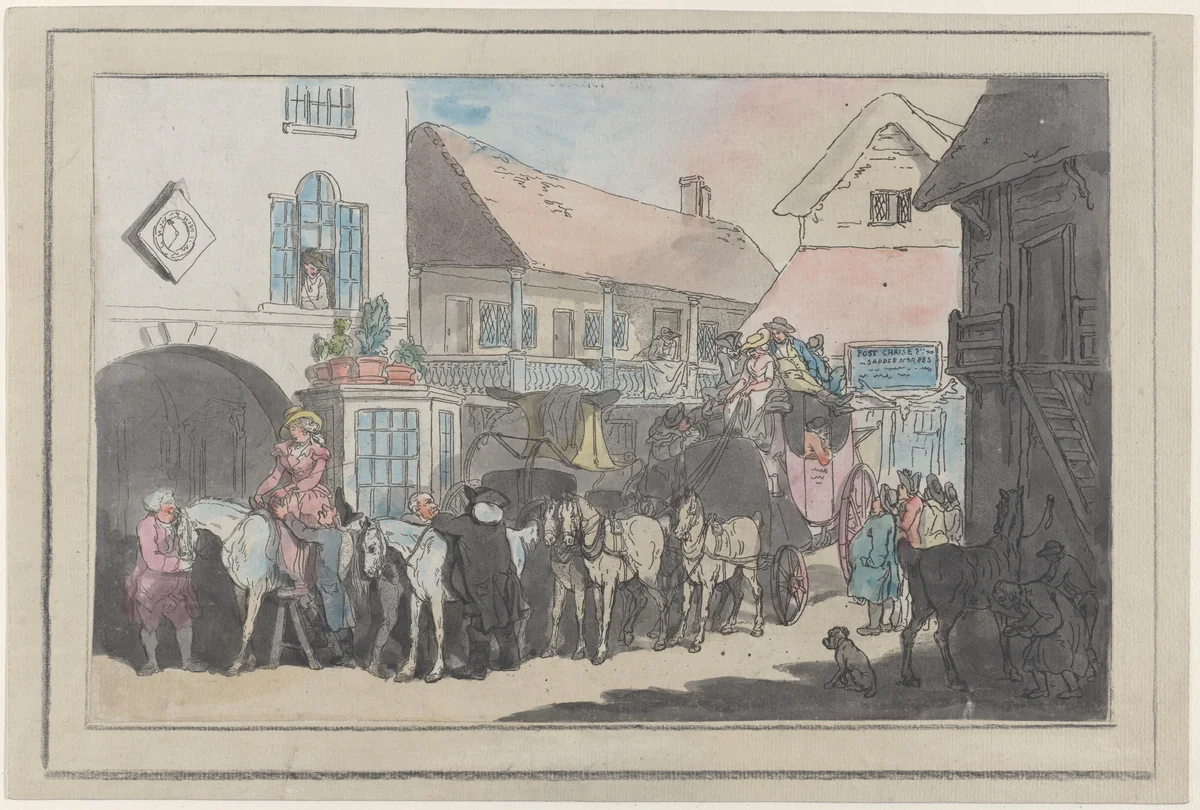 Stage Coach and Riders in the Yard of an Inn, Preparing to Depart by Thomas Rowlandson, print, 1789-1795
