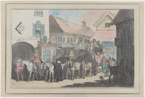 Stage Coach and Riders in the Yard of an Inn, Preparing to Depart by Thomas Rowlandson, print, 1789-1795