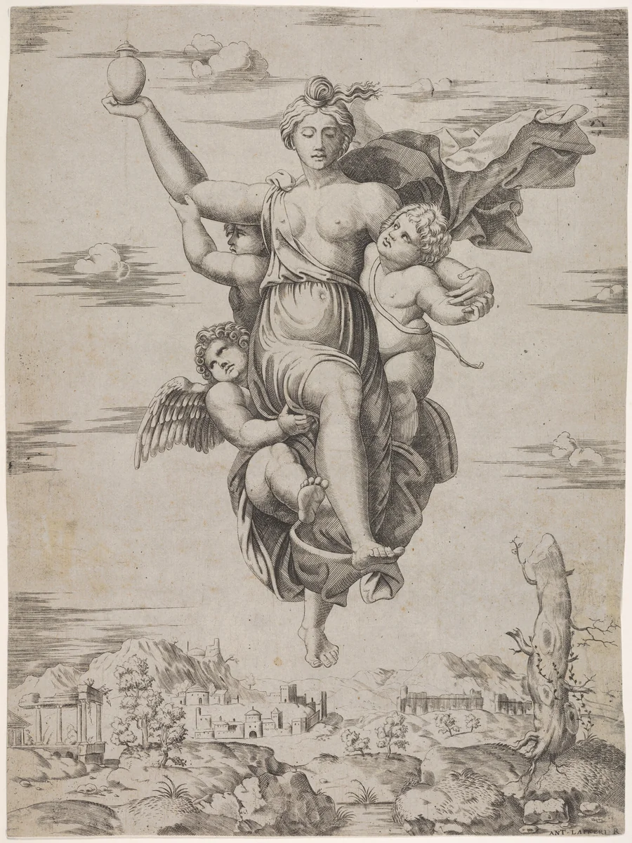 Psyche Carrying Waters of the Styx (from the Farnesina frescoes) by Marcantonio Raimondi, print, 1480-1534