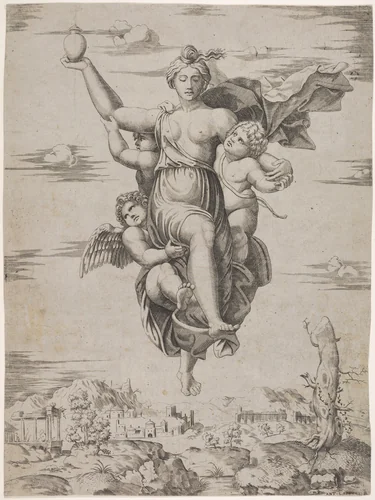 Psyche Carrying Waters of the Styx (from the Farnesina frescoes) by Marcantonio Raimondi, print, 1480-1534