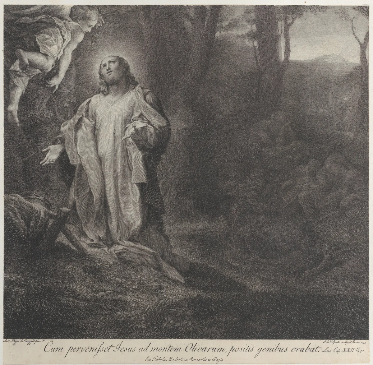 Christ on the Mount of Olives, with an angel at upper left by Pietro Antonio Leone Bettelini, print, 1783-1812