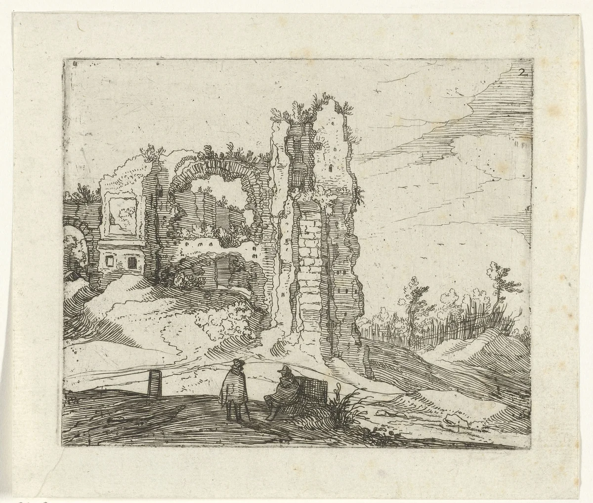 Ruïne met een poort by Guilliam van Nieulandt, print, 1594-1618