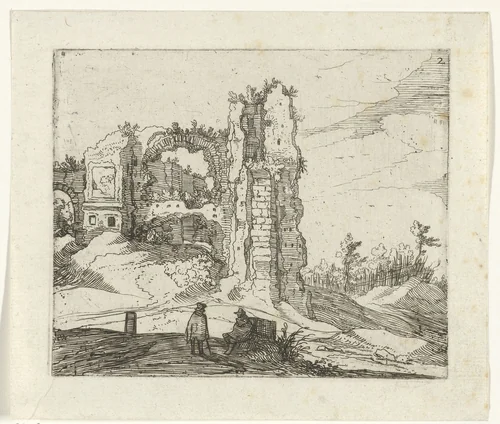Ruïne met een poort by Guilliam van Nieulandt, print, 1594-1618