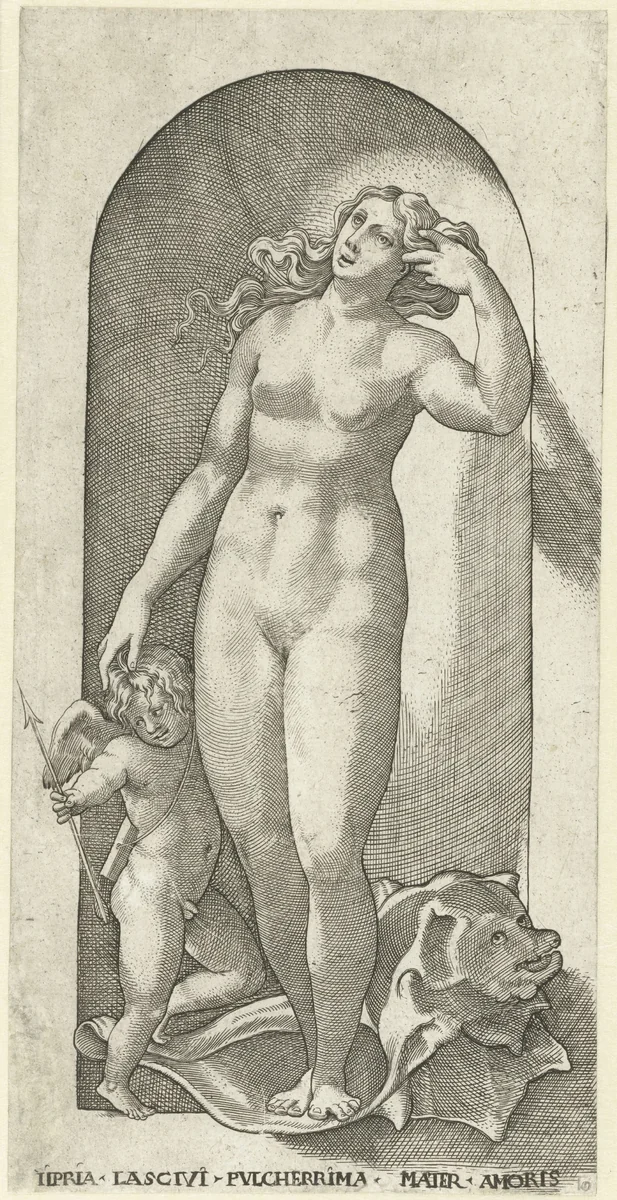 Venus en Amor met een schelp by Jacob Binck, print, 1530