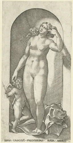Venus en Amor met een schelp by Jacob Binck, print, 1530
