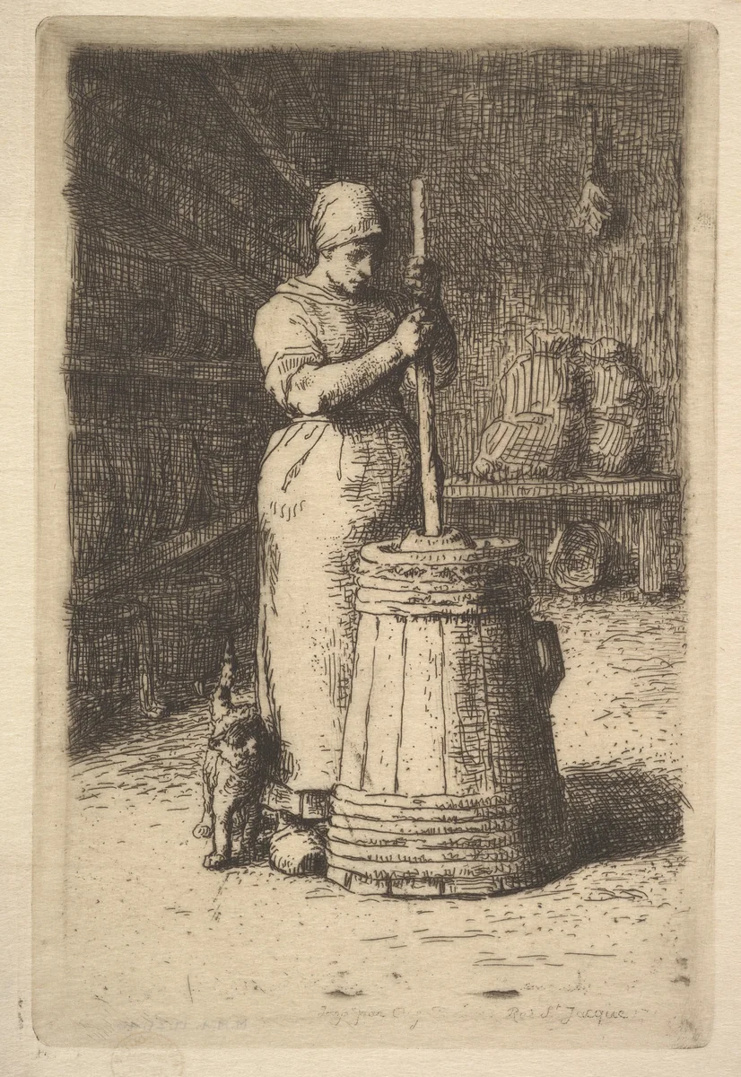 Woman Churning Butter by Jean-François Millet, print, 1855-1856