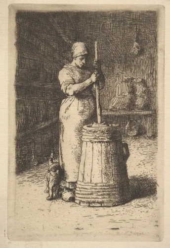Woman Churning Butter by Jean-François Millet, print, 1855-1856