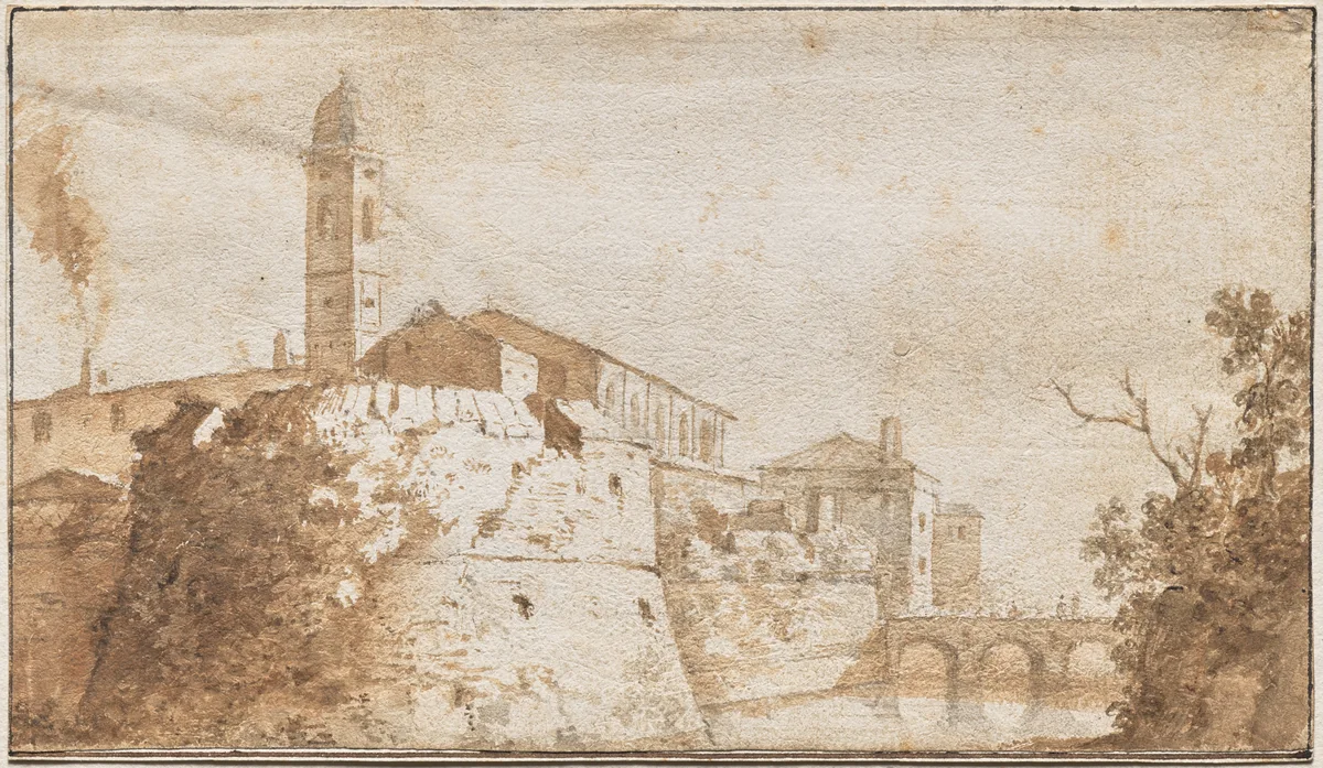 A View of Bracciano with the Church of S. Maria Assunta by Bartholomeus Breenberg, drawing, 1614-1638