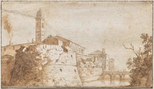 A View of Bracciano with the Church of S. Maria Assunta by Bartholomeus Breenberg, drawing, 1614-1638