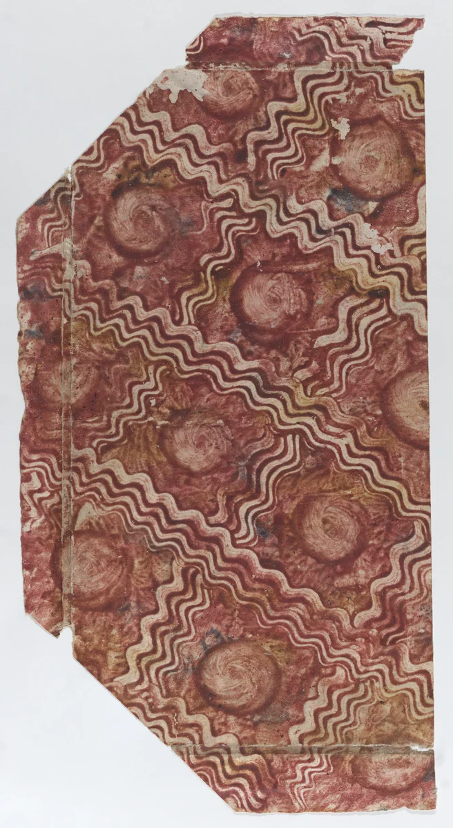 Book cover with overall red curved line pattern by anonymous, print, 1800-1900