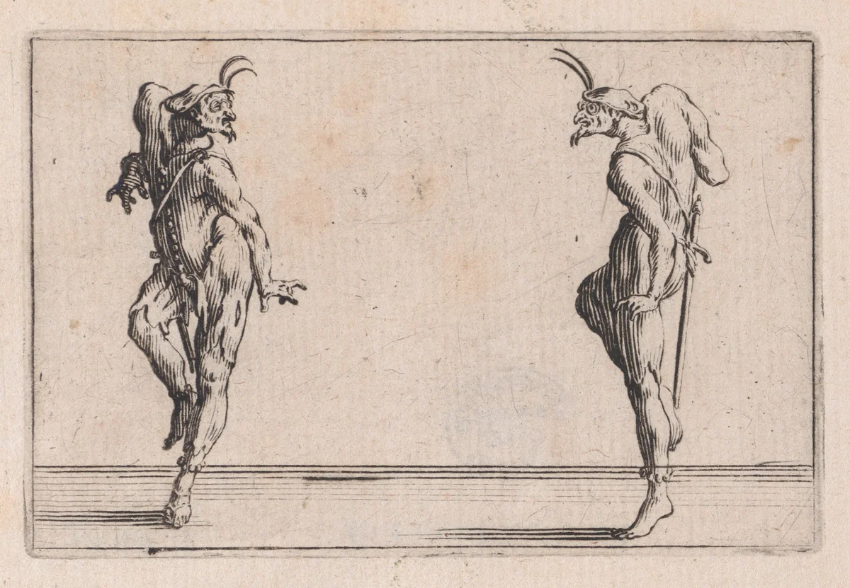 Les Deux Pantalons se Regardant (Two Men in Pantsuits Looking at Each Other), from "Les Caprices" Series B, The Nancy Set by Jacques Callot, print, 1617-1620