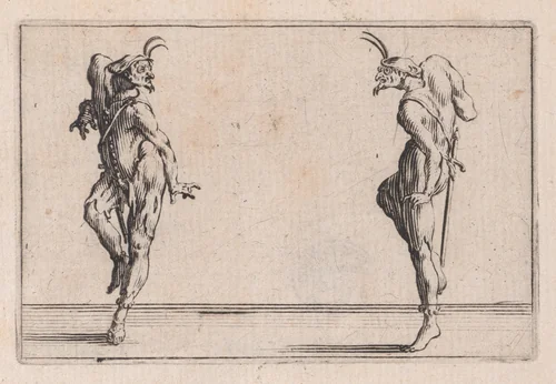 Les Deux Pantalons se Regardant (Two Men in Pantsuits Looking at Each Other), from "Les Caprices" Series B, The Nancy Set by Jacques Callot, print, 1617-1620