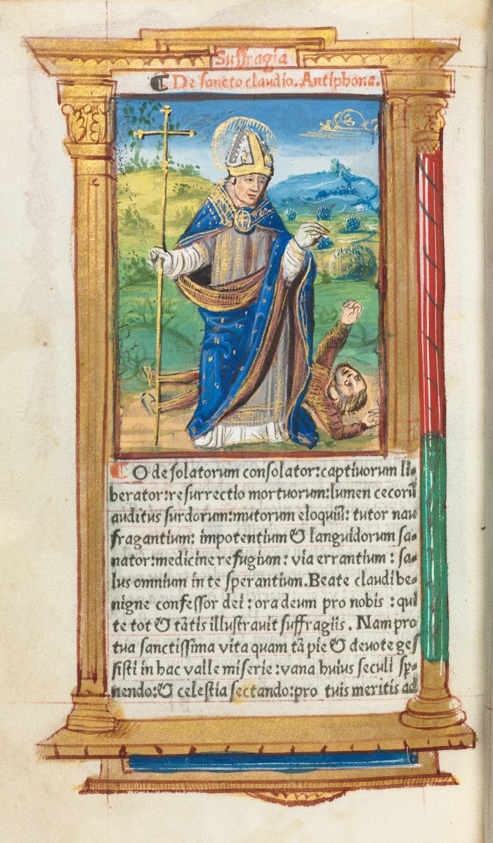Printed Book of Hours (Use of Rome): fol. 105v, St. Claude as Bishop by Guillaume Le Rouge, book, 1510