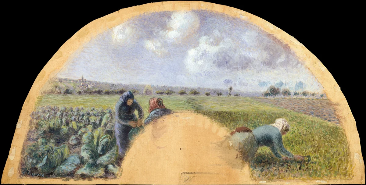 Fan Mount: The Cabbage Gatherers by Camille Pissarro, drawing, 1850-1903