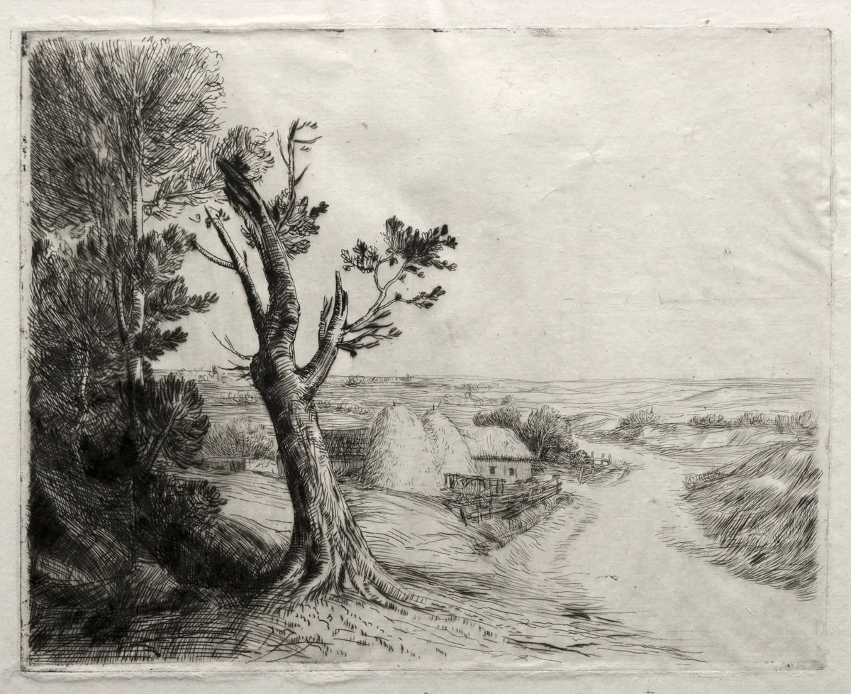 Landscape with Strawstacks by Alphonse Legros, print, 1857-1911