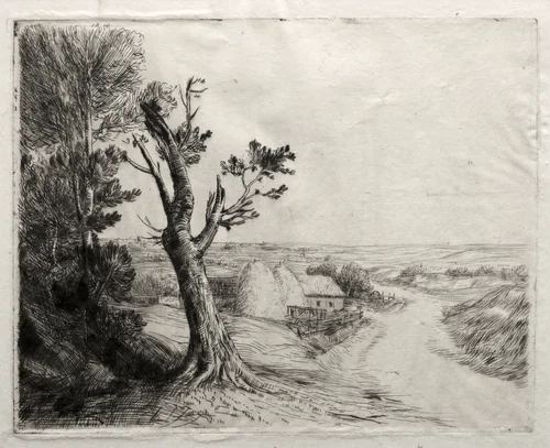 Landscape with Strawstacks by Alphonse Legros, print, 1857-1911