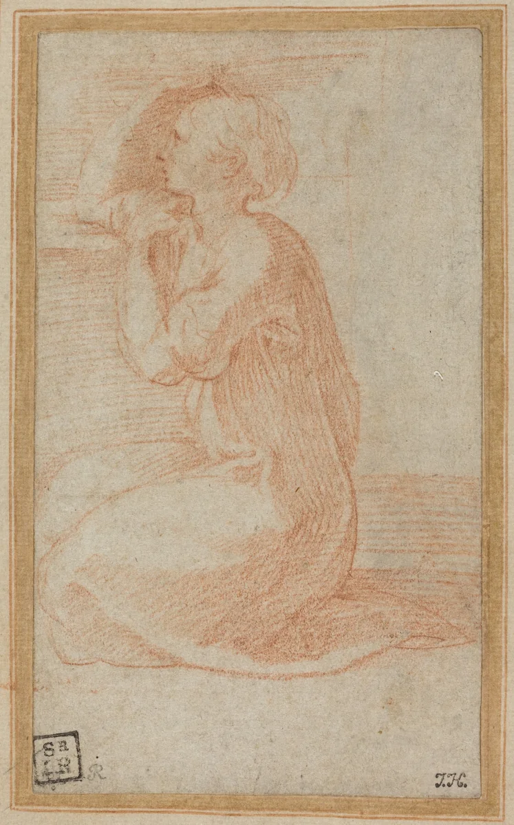 Kneeling Woman Lifting Her Hand to Her Head by Parmigianino, drawing, 1531