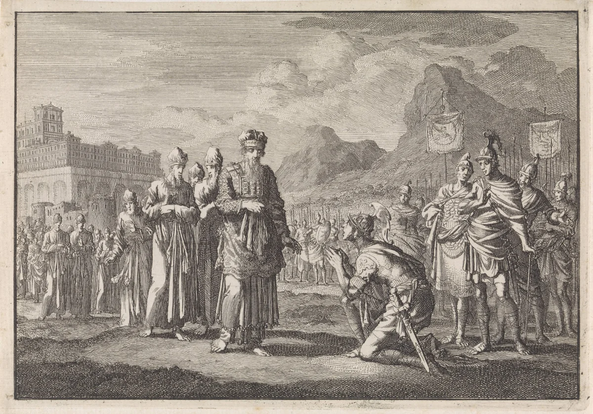 Alexander de Grote knielt voor Jaddus by Jan Luyken, print, 1704