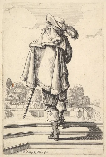 A gentleman, seen from behind, walking up a parapet, with a cloak over his left shoulder, wearing a plumed hat and boots with spurs, from "The Garden of the French Nobles In Which One Can Pick Up Their Way of Dressing" by Abraham Bosse, print, 1629