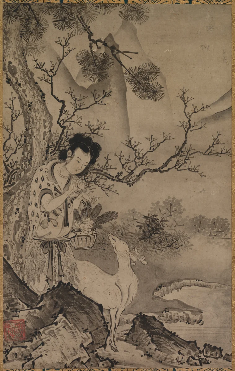 Female Daoist Figure in Landscape by Kōboku, painting, 1500-1540