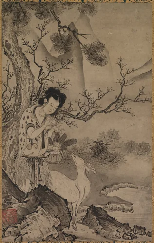 Female Daoist Figure in Landscape by Kōboku, painting, 1500-1540