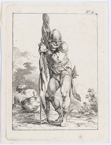 Standing Soldier Holding a Rolled Flag by Philippe-Jacques de Loutherbourg, print, 1755-1771