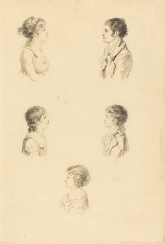 Five Busts by Augustin de Saint-Aubin, print, 1736-1807