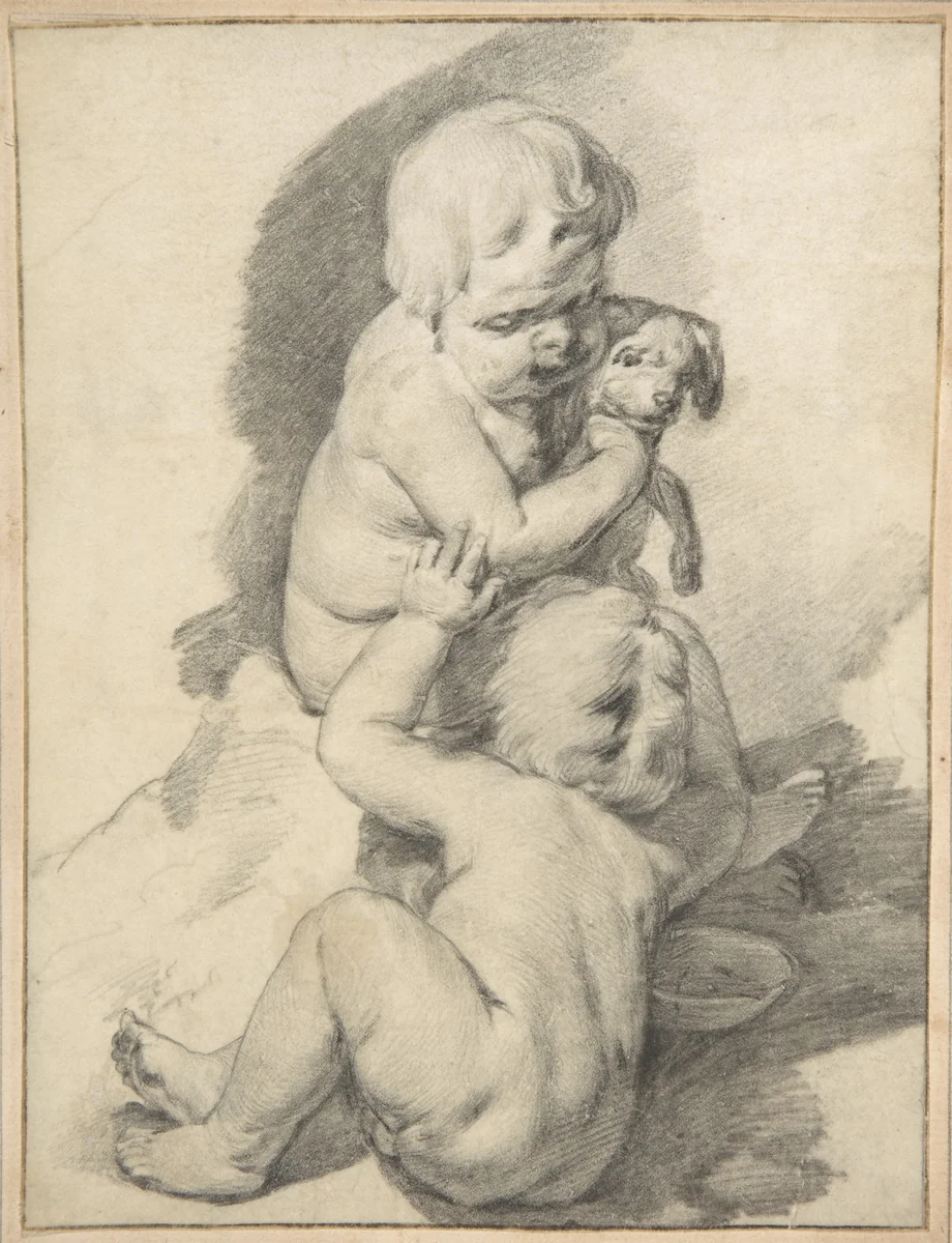 Two Boys with a Puppy by Cornelis Visscher, drawing, 1651-1658