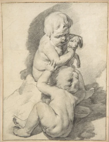 Two Boys with a Puppy by Cornelis Visscher, drawing, 1651-1658