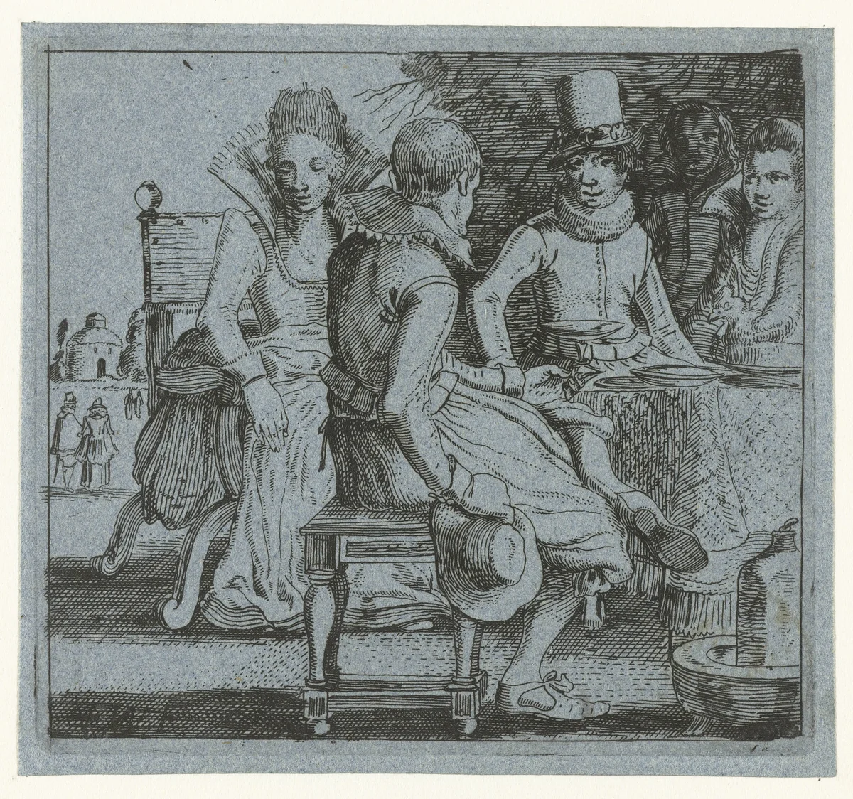 Vijf personen zittend rond een tafel op een terras by anonymous, print, 1613-1680