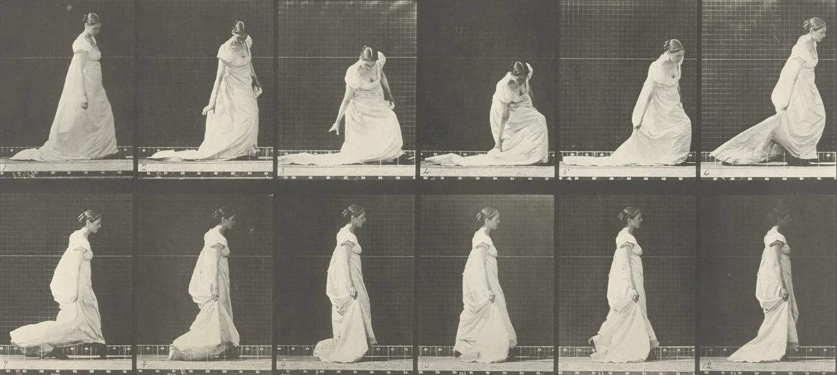 Woman Stooping and Lifting Train: Plate 207 from Animal Locomotion (1887) by Eadweard Muybridge, photograph, 1884