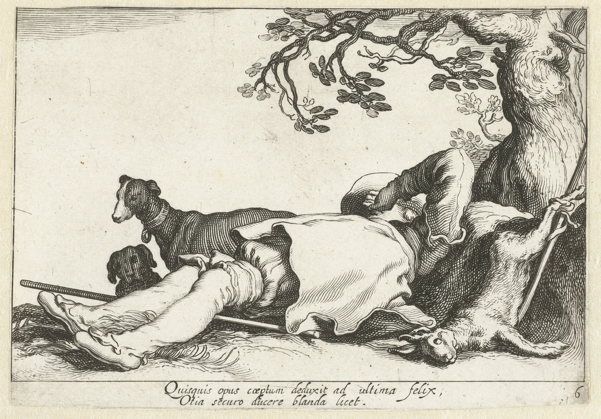 Slapende jager by Cornelis Bloemaert, print, 1625