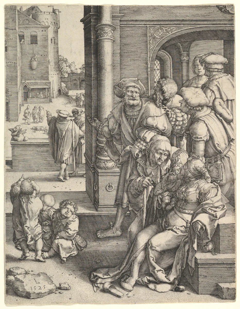 The Poet Virgil in a Basket by Lucas van Leyden, print, 1525
