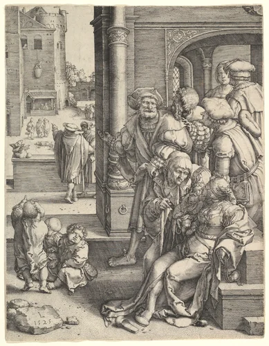 The Poet Virgil in a Basket by Lucas van Leyden, print, 1525