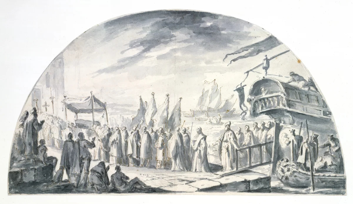 The Arrival in Venice, from Alexandria, of the Relics of Saint John the Alsgiver in 1247 by Jacopo Marieschi, drawing, 1740-1746
