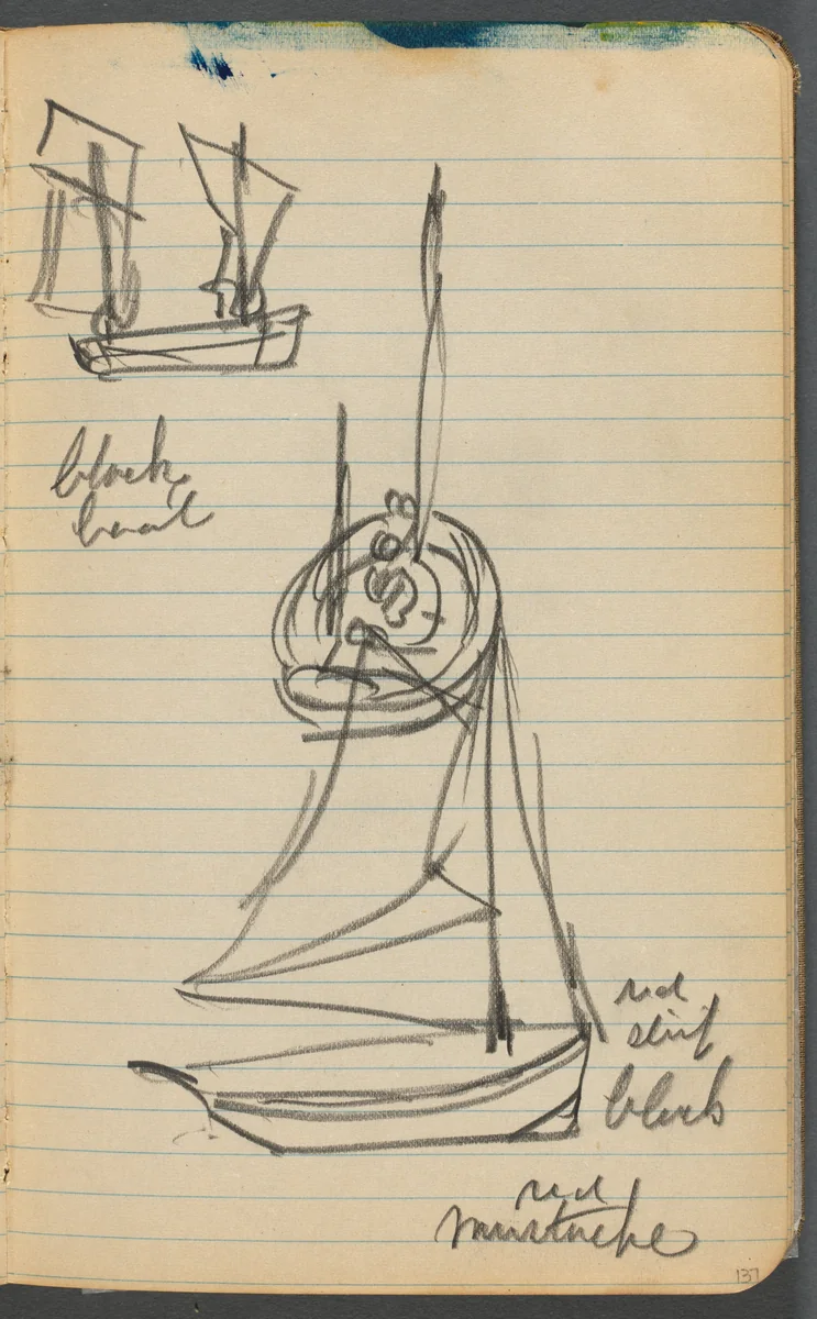Sketchbook, page 137: Sailboats with notes by Maurice Prendergast, book, 1905-1910