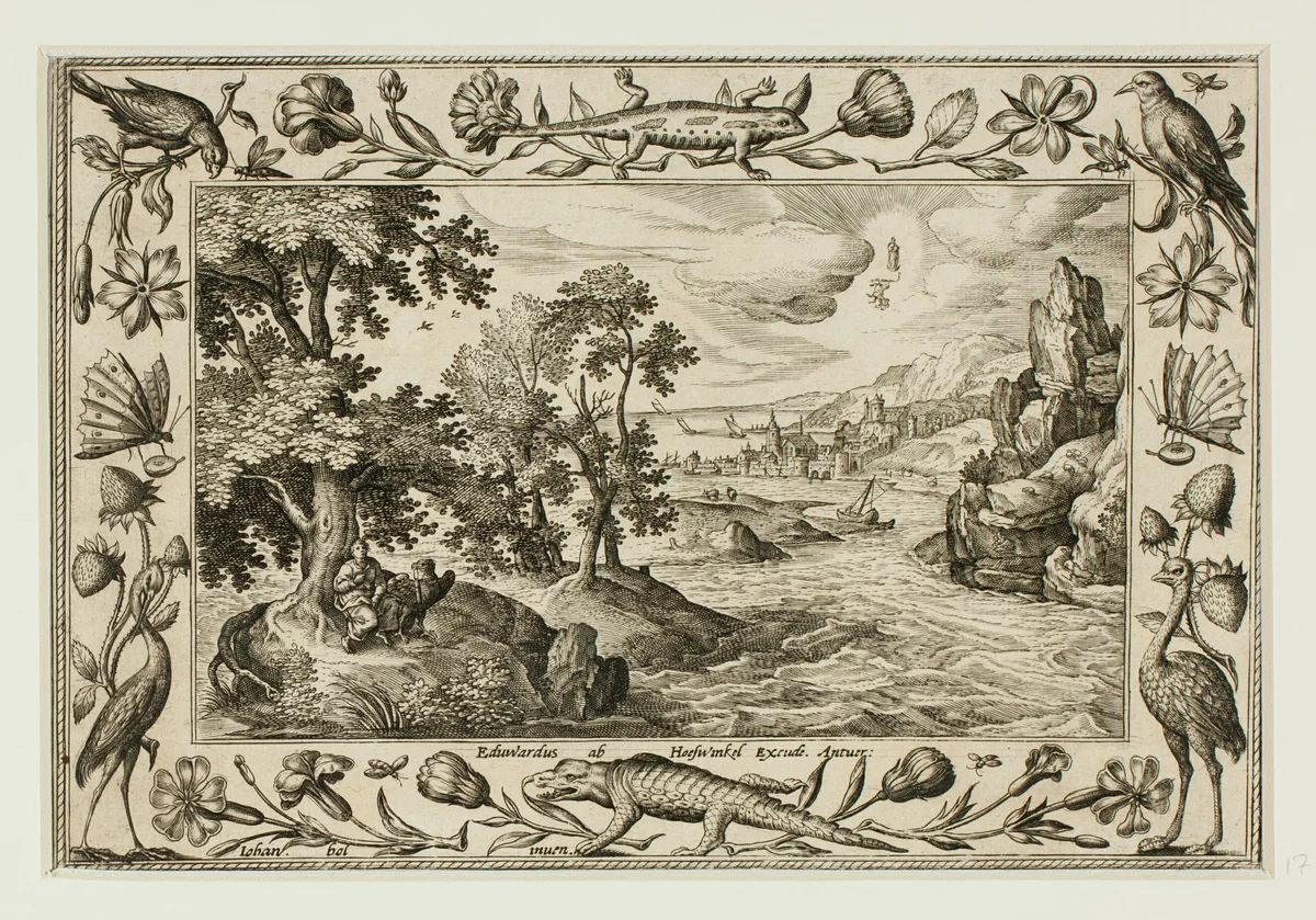 Saint John on Patmos, from Landscapes with Old and New Testament Scenes and Hunting Scenes by Adriaen Collaert, print, 1584
