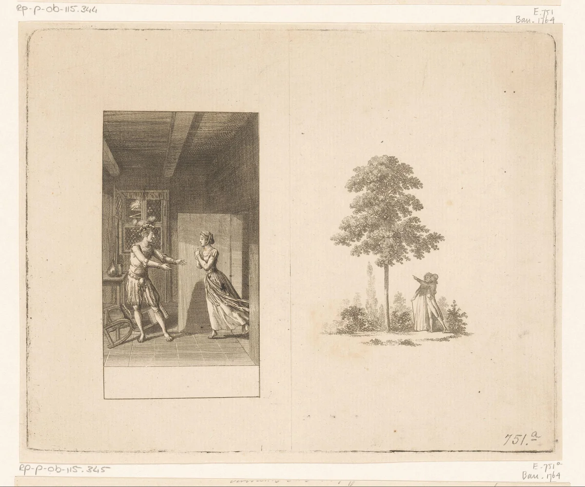 Links Nanette en Albert in de blokhut en rechts een man en vrouw onder een grote boom by Daniel Nikolaus Chodowiecki, print, 1794