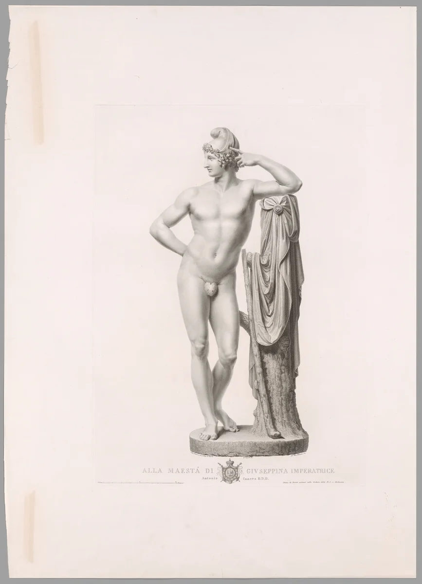 Paris Leaning on Tree Stump, Front View, from Oeuvre de Canova by Giovanni Battista Balestra, print, 1817