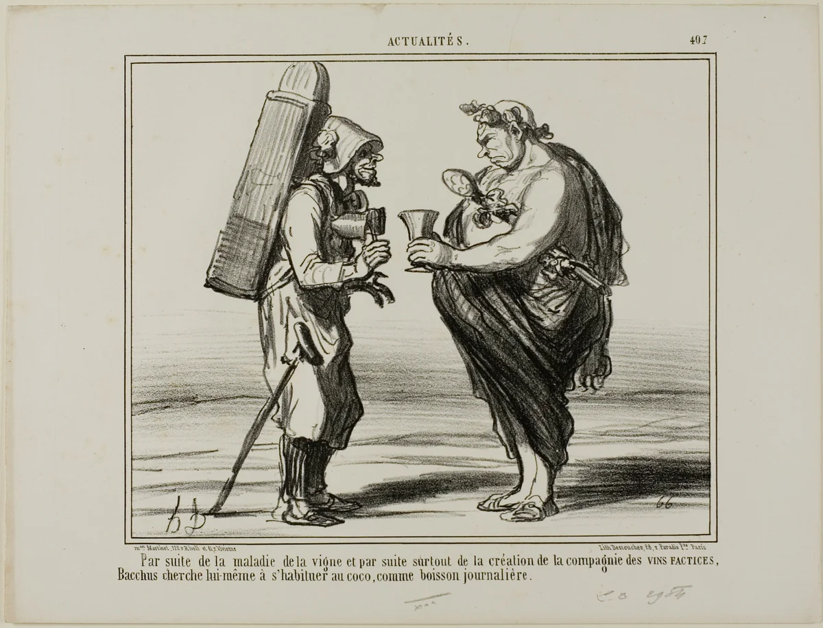 As a consequence of the wine disease but also because of the foundation of the "Society for the Production of Artificial Wine", even Bacchus decides to switch to coconut water as a daily drink, plate 407 from Actualités by Honoré-Victorin Daumier, print, 1857