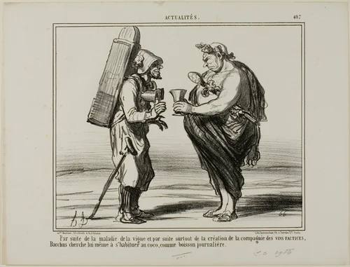 As a consequence of the wine disease but also because of the foundation of the "Society for the Production of Artificial Wine", even Bacchus decides to switch to coconut water as a daily drink, plate 407 from Actualités by Honoré-Victorin Daumier, print, 1857