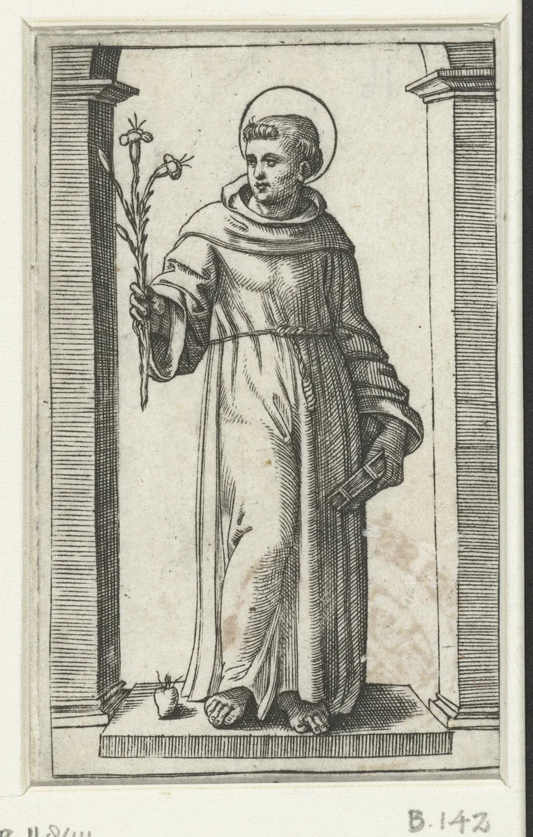Heilige Antonius van Padua met lelie en hart by Marcantonio Raimondi, print, 1500-1527