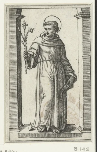 Heilige Antonius van Padua met lelie en hart by Marcantonio Raimondi, print, 1500-1527