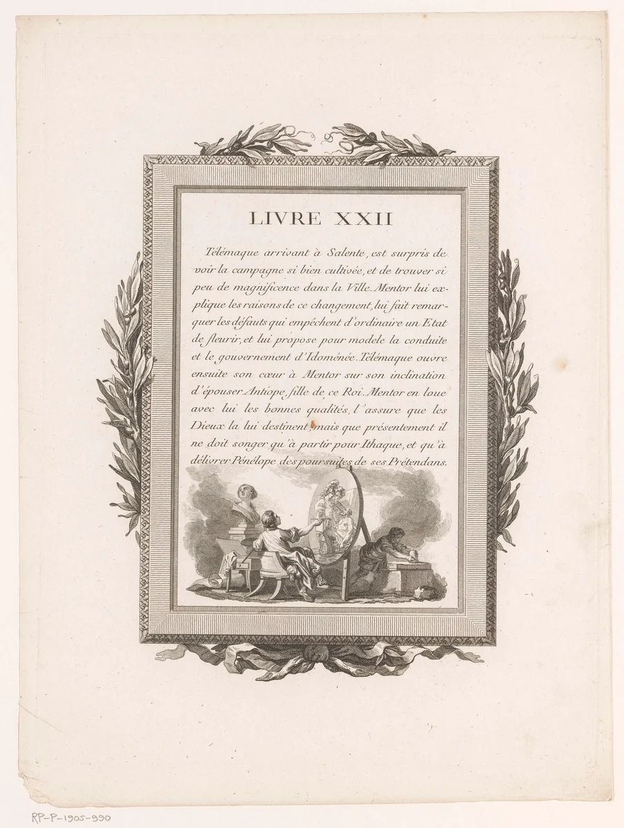 Omkaderde Franse tekst met olijftakken en een schilder achter een schildersezel by Jean-Baptiste Tilliard, print, 1785